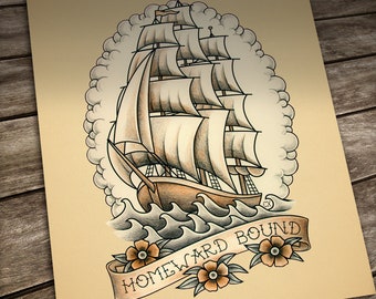 Sailboat Tattoo print. Nautical traditional tattoo. Old School Tattoo.