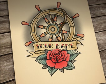 Custom name Tattoo. Ship Wheel Tattoo, Helm Tattoo, Rudder Tattoo, Personalized Old School Tattoo. Digital File for own printing