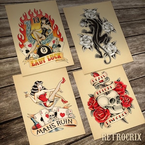 Old School Tattoo. A set of 4 Prints. 13 x18 cm. (5" x 7")