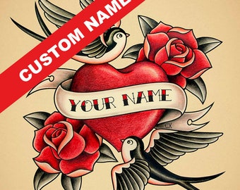 Personalized Tattoo. Heart and Swallows.