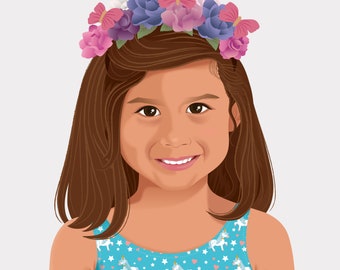 Custom child portrait in semi-realistic style, personalized children portrait, kids portrait with pets, Children portrait illustration