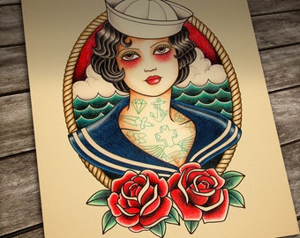 Sailor girl Tattoo print. Nautical tattoo traditional tattoo. Old School Tattoo
