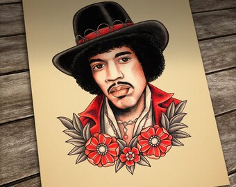 Jimi Hendrix Tattoo print. Old School tattoo. Portrait in Traditional Tattoo style.