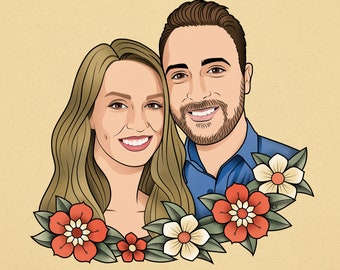 Custom Couple portrait in Tattoo Style, Couple Tattoo portrait, Couple Illustrated portrait, Couple personalized portrait,