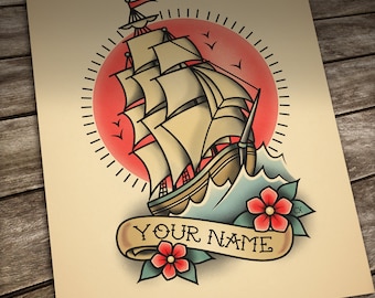 Custom name Tattoo. Sailboat Tattoo, Helm Tattoo, Rudder Tattoo, Personalized Old School Tattoo. Digital File for own printing