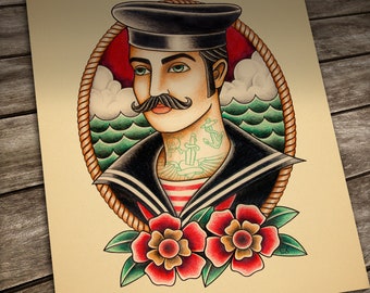 Sailor Tattoo print. Nautical traditional tattoo. Old School Tattoo