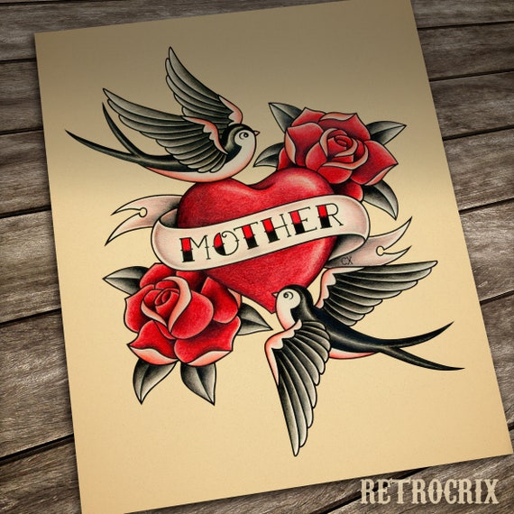 Mother's Love Tattoo Print. Old School Tattoo. Traditional - Etsy Norway