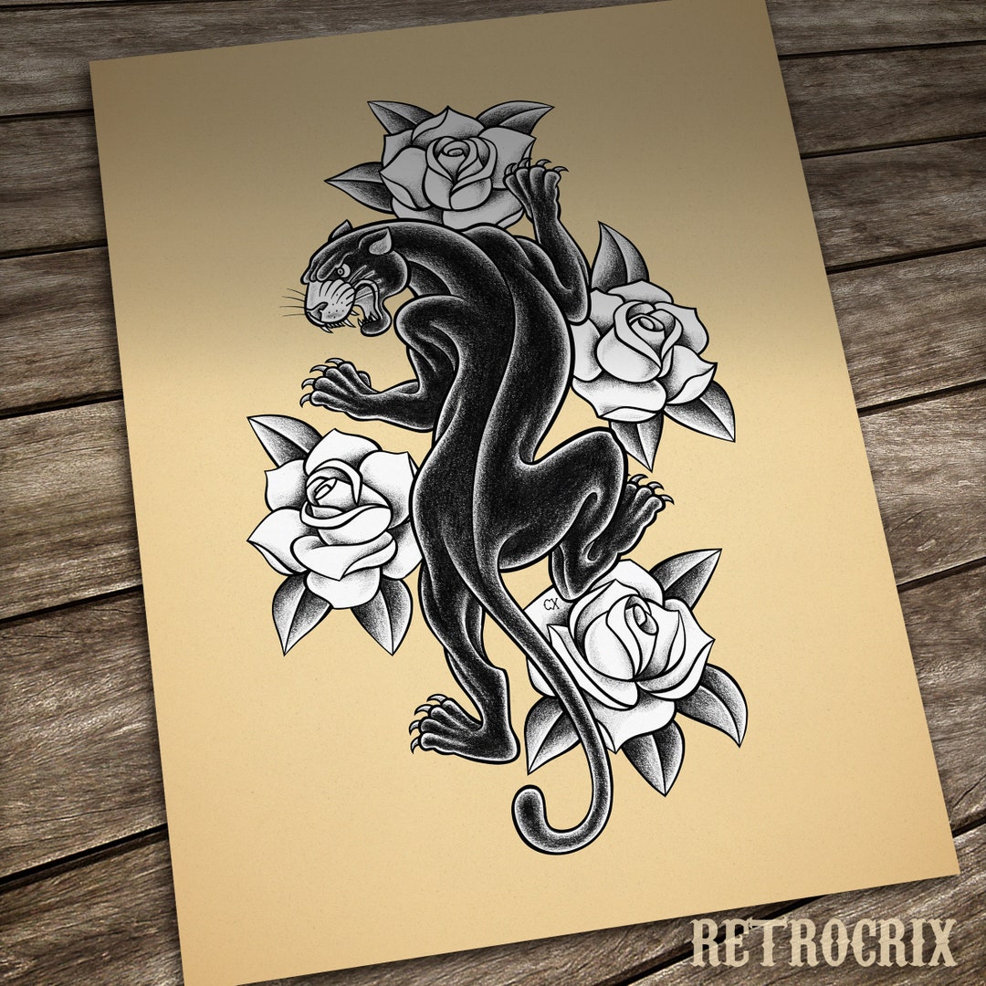 ◼︎Old school tattooブラックパンサーハンドバッグ　セカンドバッグ ブラックパンサーのタトゥープリント。オールドスクールのタトゥー