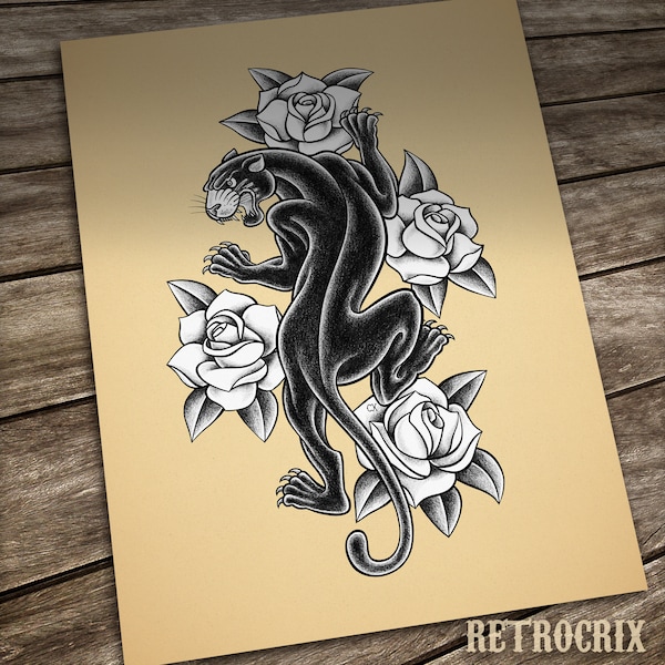 Black Panther Tattoo print. Old School Tattoo.