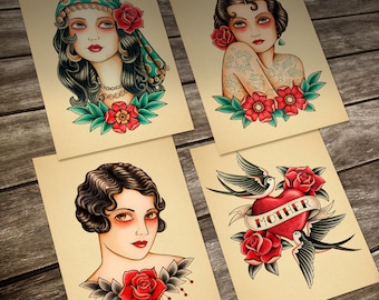 Old School Tattoo. A Set of 4 Prints. 13 X18 Cm. (5