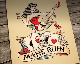 Martini girl Tattoo print. Old School Tattoo. Traditional tattoo