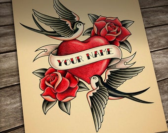 Custom name Tattoo. Heart and Swallows. Personalized Old School Tattoo, Digital File for own printing