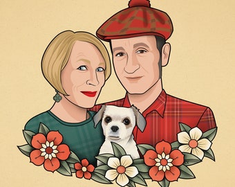 Custom Couple portrait in Tattoo Style, Couple with pet Tattoo portrait, Couple Illustrated portrait, Couple personalized portrait,