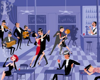 Poster "TANGO BAR". Argentinian scene print, Argentinian Tango dance, Buenos Aires Tango Bar, retro tango music scene