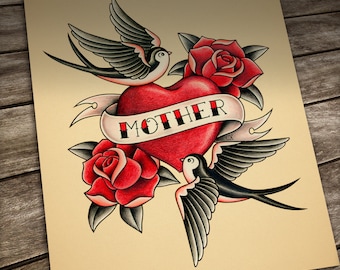 Mother's Love Tattoo print. Old School Tattoo. Traditional tattoo
