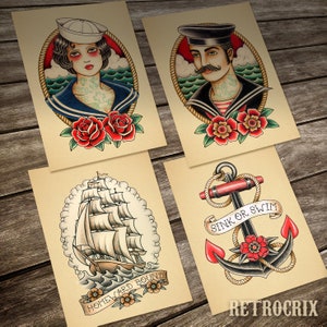 Carte tatuaggio nautico della vecchia scuola. Un set di 4 stampe. 13 x18 cm (5" x 7")
