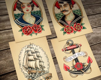 Old School Nautical Tattoo Cards. A set of 4 Prints. 13 x18 cm. (5" x 7")