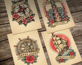 Old School Nautical Tattoo. A set of 4 Prints. 13 x18 cm. (5" x 7")