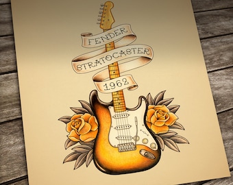 Famous guitar tattoo print. Famous guitar in Old School Tattoo style