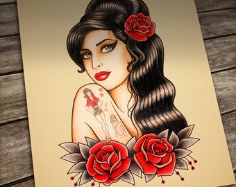 Amy Tattoo print. Old School tattoo. Portrait in Traditional Tattoo style. Fan art