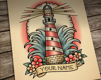Custom name tattoo, Custom Lighthouse tattoo, Personalized Old School Tattoo, Digital File for own printing