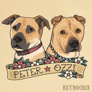 Pet portrait in traditional tattoo style. Pet Illustration. Personalized pets drawing in Old School Tattoo style.