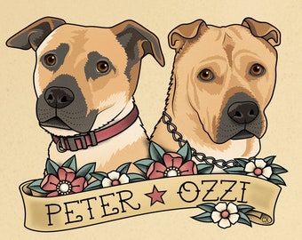 Pet portrait in traditional tattoo style. Pet Illustration. Personalized pets drawing in Old School Tattoo style.