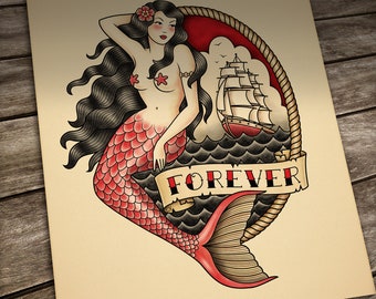 Mermaid Tattoo print. Nautical Traditional tattoo. Old School Tattoo