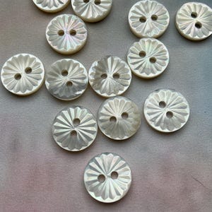 Può includere: Una collezione di bottoni rotondi e iridescenti con un design radiale a forma di raggiera. Ogni bottone ha due fori per cucire. I bottoni sono di colore bianco perlaceo e sembrano essere fatti di madreperla.