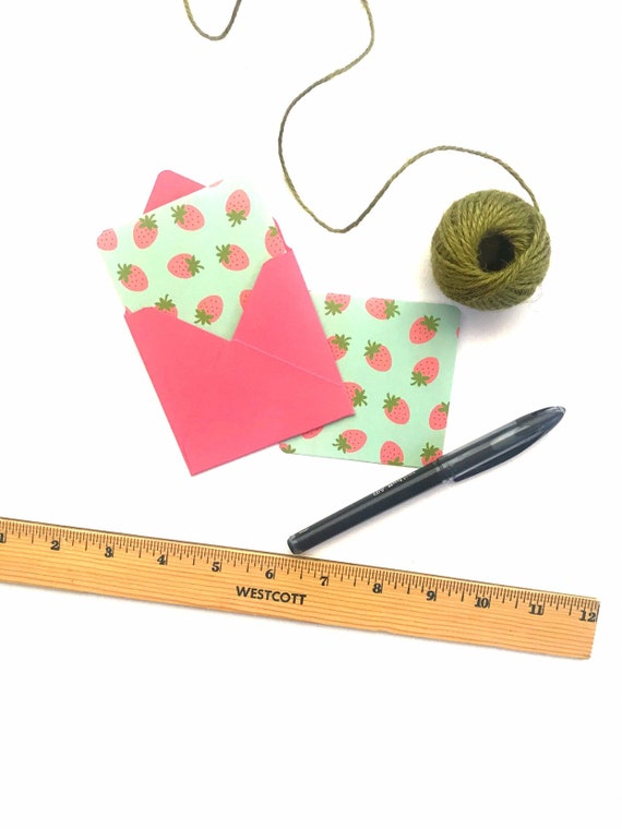 Note card set, strawberry print cards, tiny envelopes, 3x3 note cards, cute mini cards, Fruit note cards, blank stationary cards