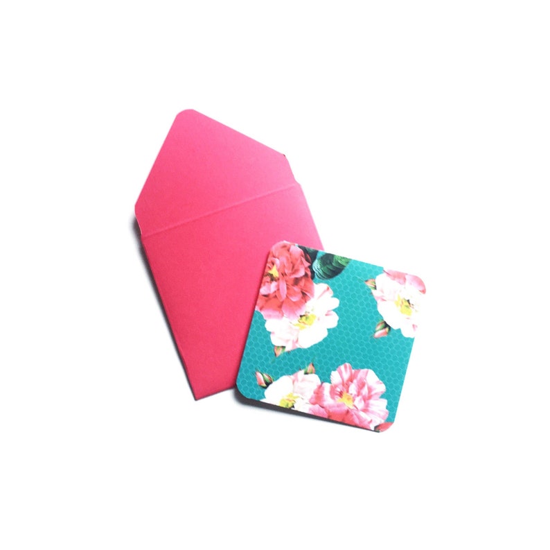 Mini tarjetas verde azulado, tarjetas de floristería, pequeños sobres rosas, tarjetas de papelería femeninas, lindas mini tarjetas florales, tarjetas en blanco 3x3, pequeñas tarjetas cuadradas imagen 3