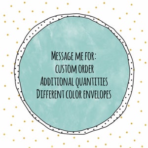 May include: A turquoise circle with a black outline and white polka dots. The text inside the circle reads "Message me for: Custom order, Additional quantities, Different color envelopes."