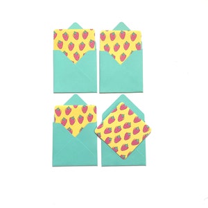 3x3 Notizkarten Set, Erdbeere Karten, 3x3 Briefumschläge, süße Mini karten, Obst Notizkarten, blanko Briefkarten