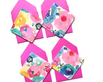 Mini tarjetas florales, tarjetas pequeñas de papelería, etiquetas de regalo con sobres malva, tarjetas mini en blanco, tarjetas 3x3, tarjetas de floristería, tarjetas pequeñas florales