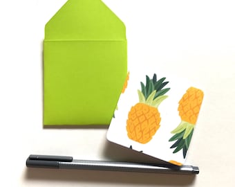 Papeteria ananasowa, mini kartki ananasowe, puste kartki papierowe, etykiety prezentowe z kopertą, etykiety prezentowe ananasowe, zestaw papeterii, karty 3x3