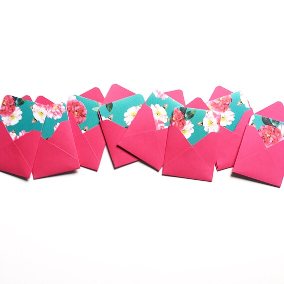 Teal mini cards, florist cards, tiny pink envelopes, girly stationery cards, cute floral mini cards, blank 3x3 cards, small square cards