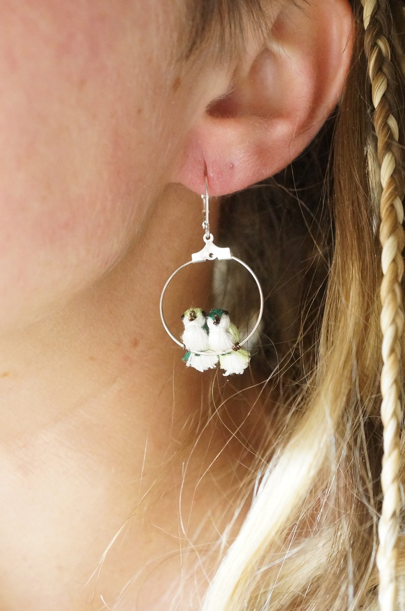 pendant Creole asymmetrical brass linen poetry green or blue tones mom and babies To choose from Bird earrings on their perch