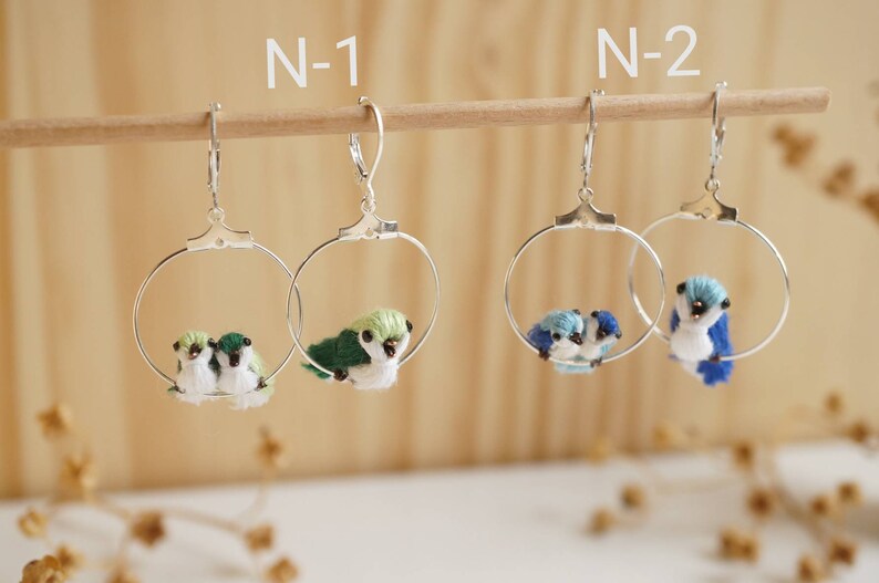 pendant Creole asymmetrical brass linen poetry green or blue tones mom and babies To choose from Bird earrings on their perch