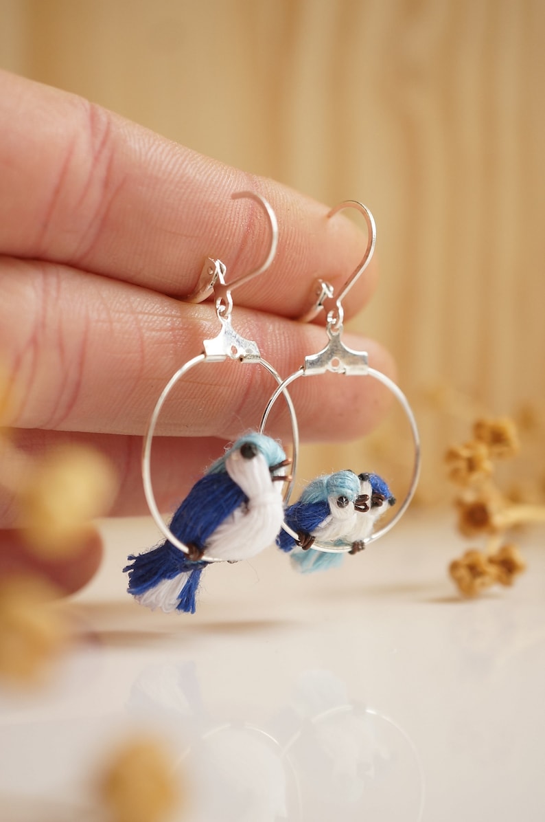 pendant Creole asymmetrical brass linen poetry green or blue tones mom and babies To choose from Bird earrings on their perch