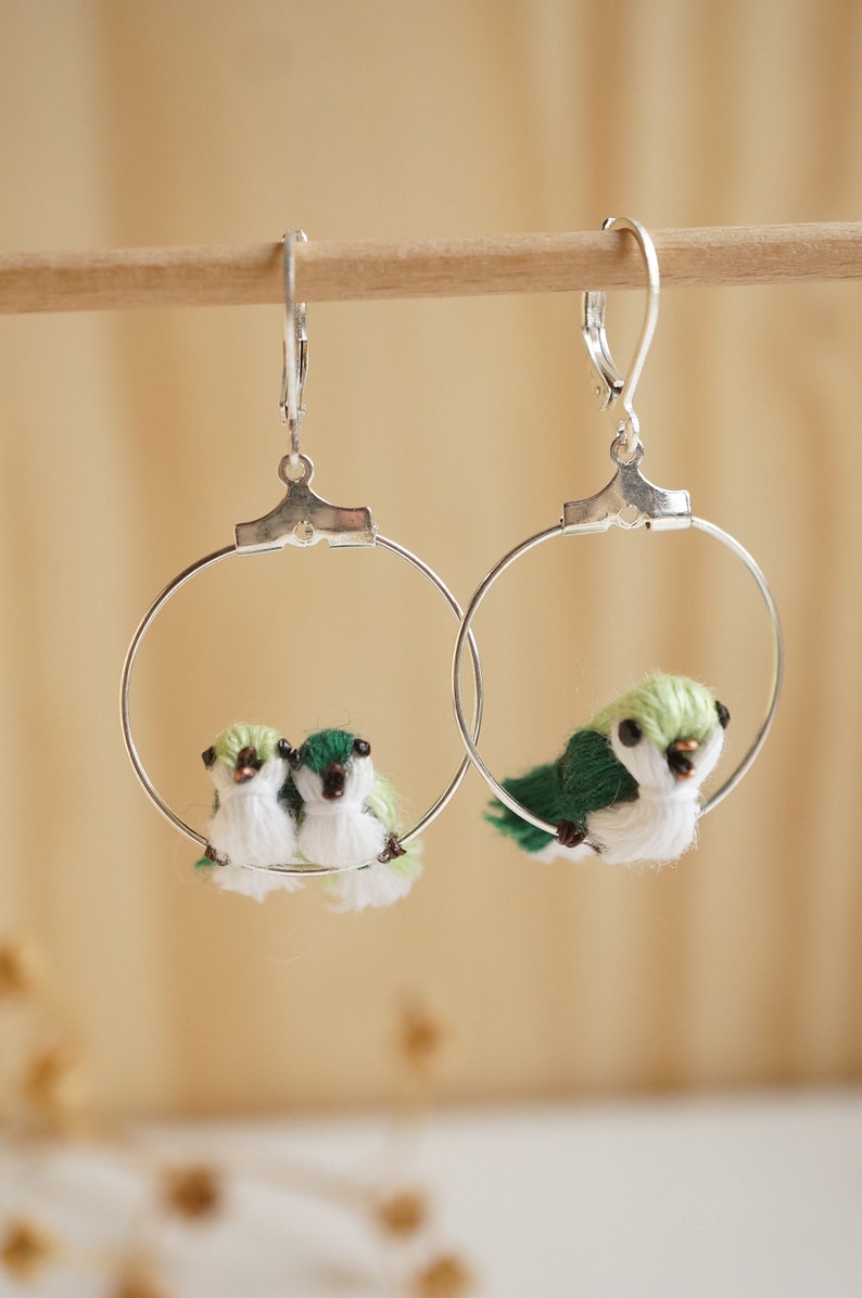 pendant Creole asymmetrical brass linen poetry green or blue tones mom and babies To choose from Bird earrings on their perch
