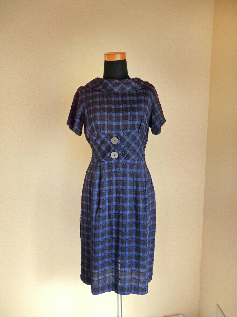 1950s Dress/50s Blue Plaid Dress With Big Buttons /bombshell - Etsy