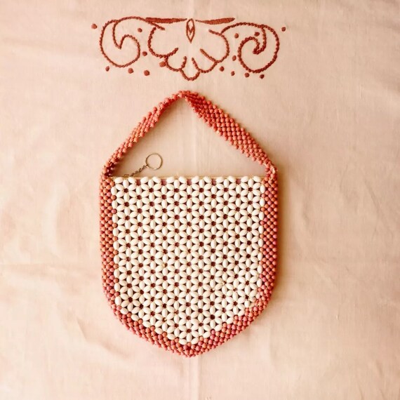 1930s purse/30s Czech wood beads bag Pink and white handbag art 