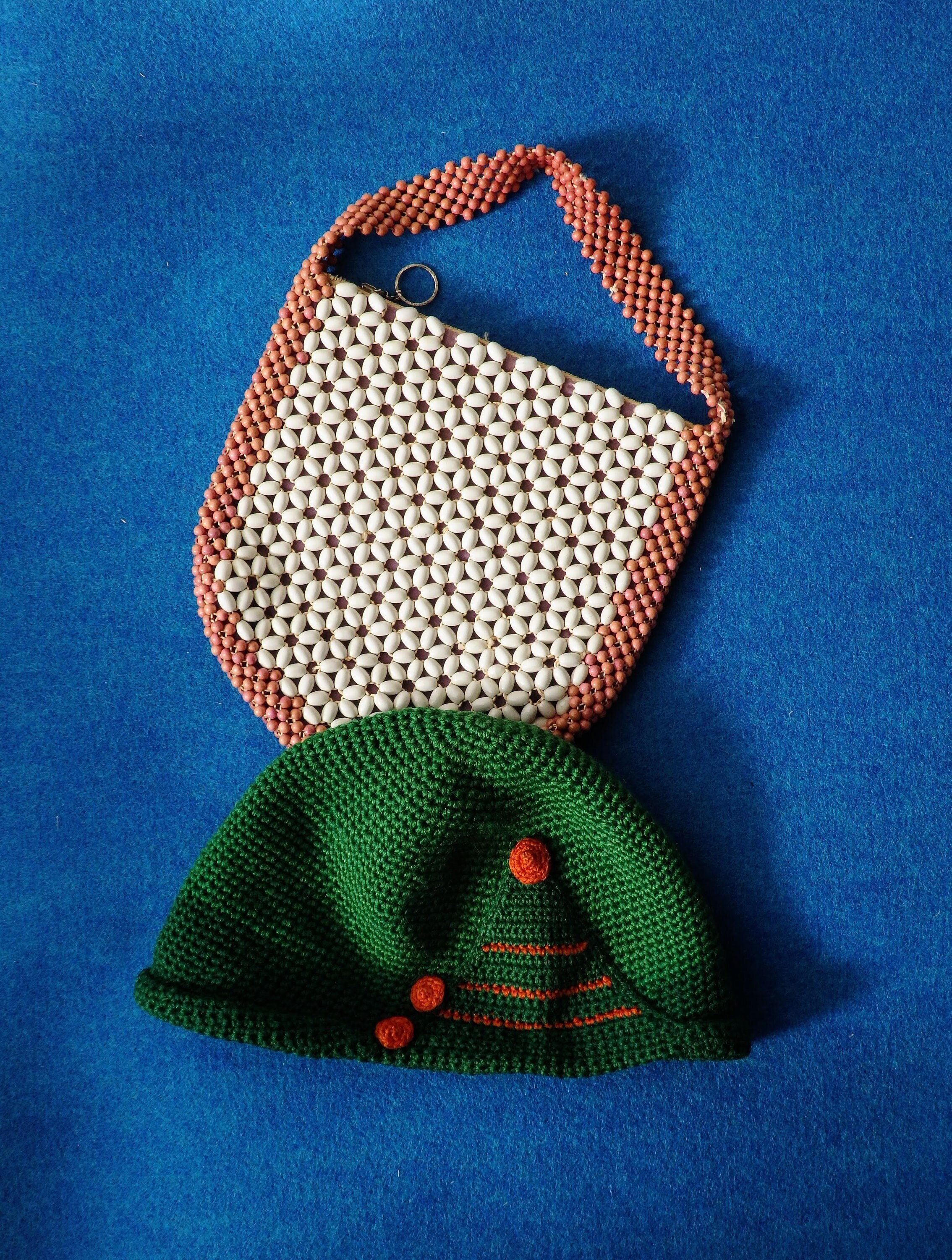 1930s purse/30s Czech wood beads bag Pink and white handbag art 