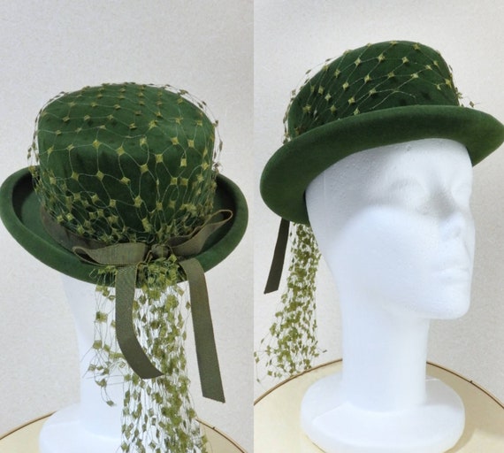1940s hat/ 40s Olive green felt hat with chartreus