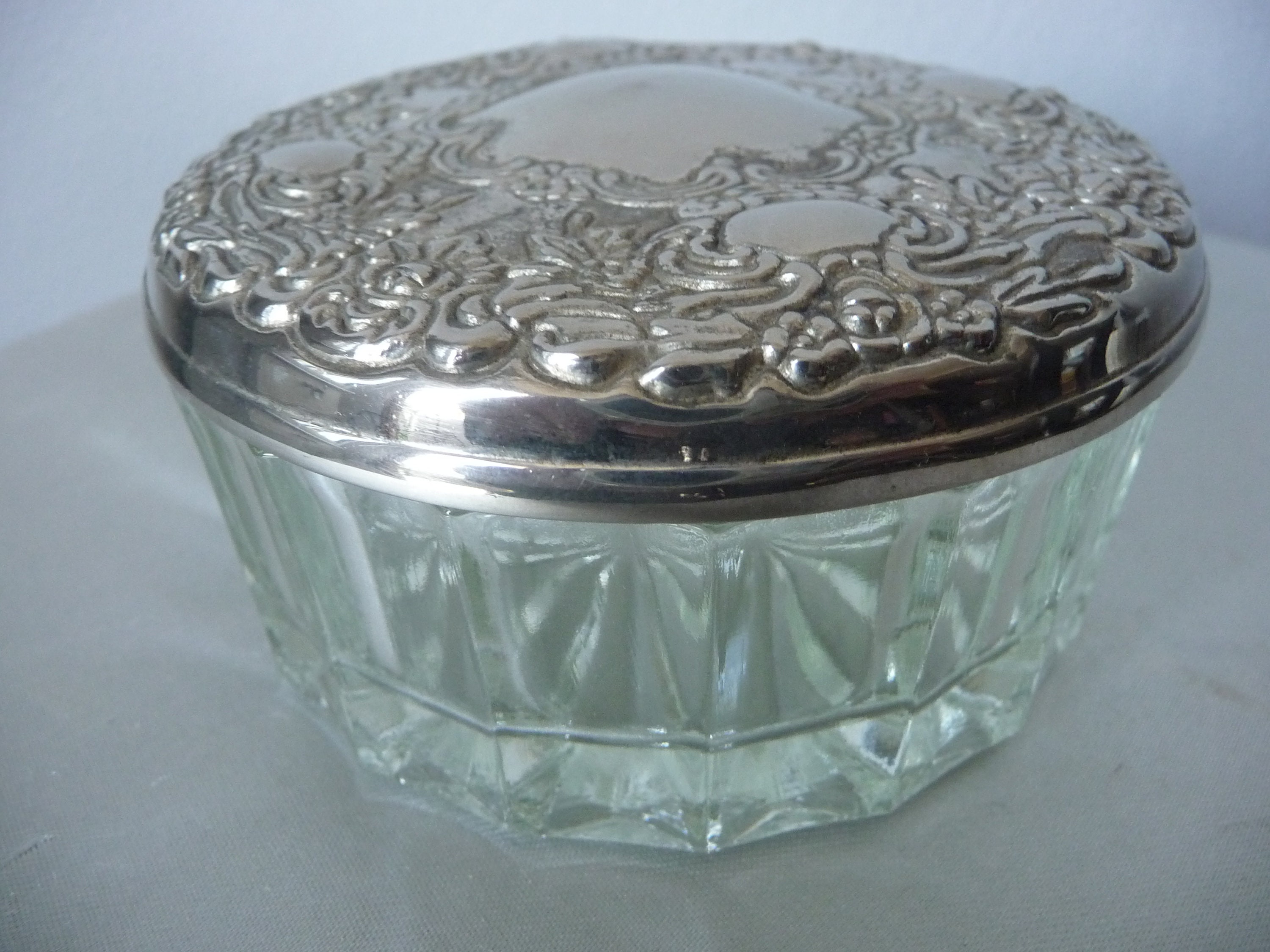 Vintage Cut Glass Trinket Box Powder Jar Silver Plate Repousse Etsy