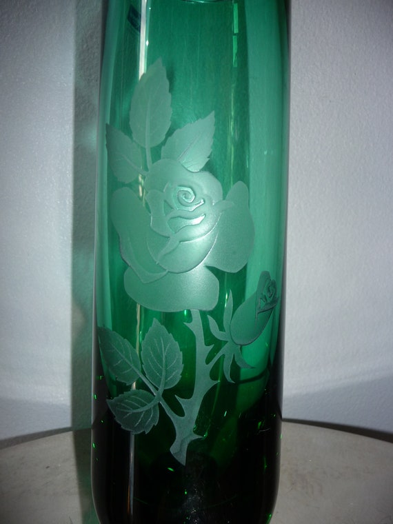 Rare Vintage Caithness Glass Green Etched Rose Vase Etsy