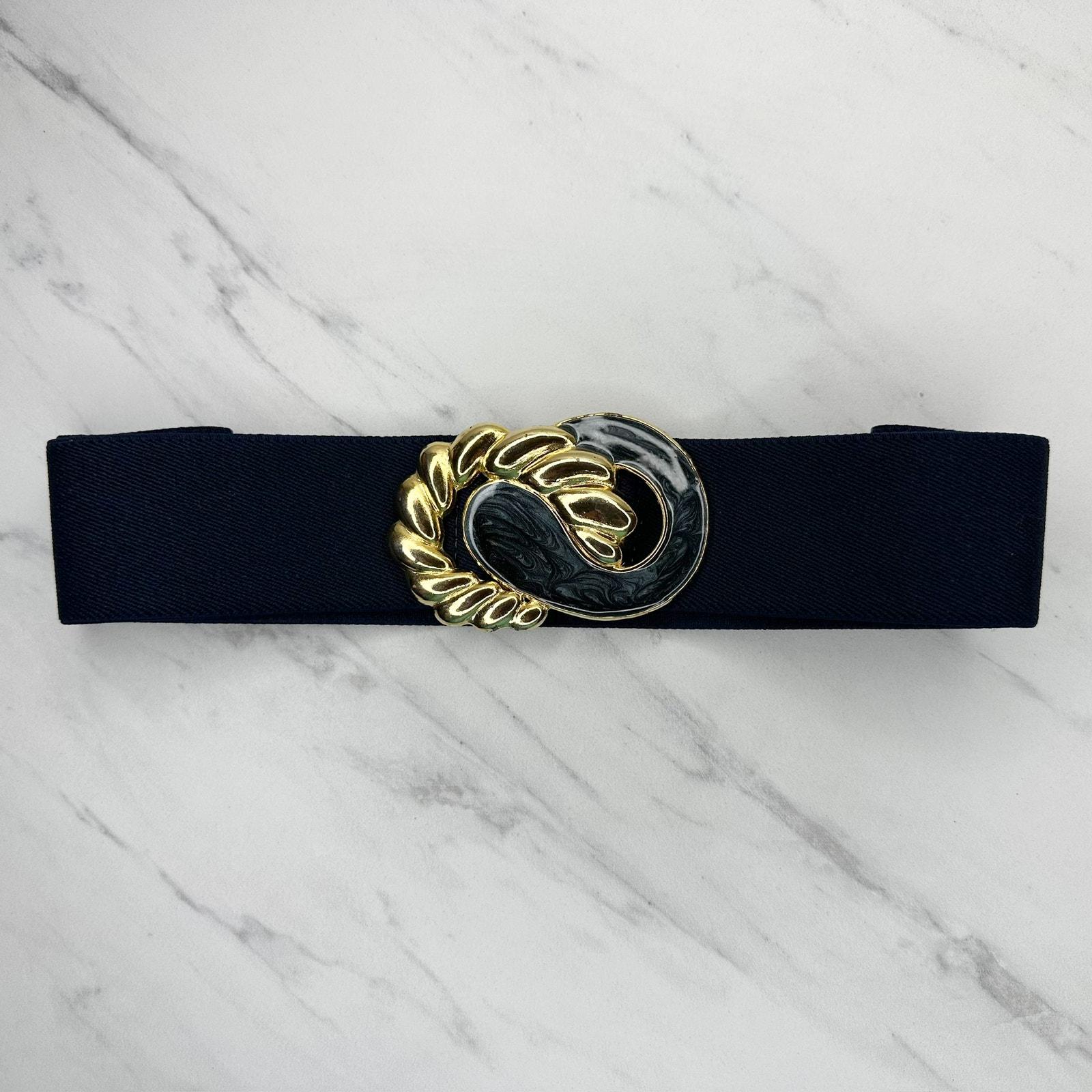 Vintage Navy Blue Gold Tone Stretch Cinch Belt Small Medium 