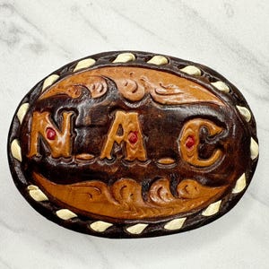 Vintage NAC Initials Western Belt Buckle Leather Stamped Cowboy Rodeo Personalized Letters Brown Rope Edge