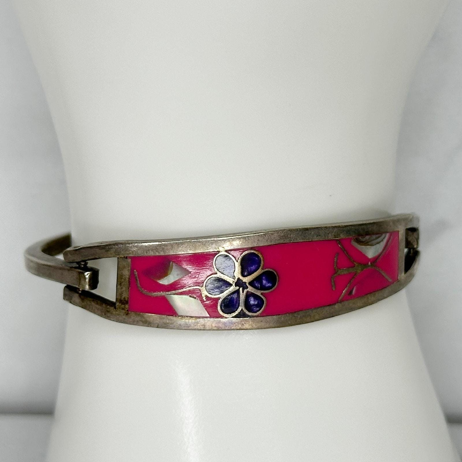 Vintage Silver Tone Abalone Shell Flower Butterfly Pink  display picture 2