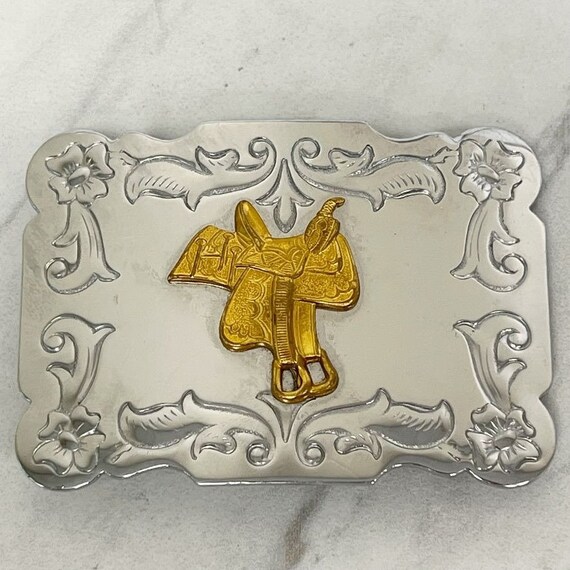 Vintage Western Horse Saddle Floral Belt Buckle - image 1